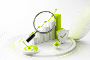 3D business growth analysis with magnifying glass, bar chart, and target icon
