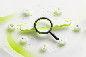 3D magnifying glass over a search bar with SEO icons around it