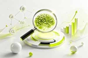 3D magnifying glass examining a digital brain with data charts and growth graphs