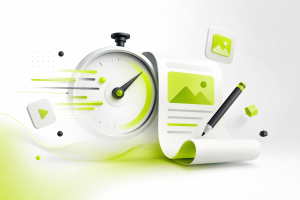 Illustration of a stopwatch, pencil, and digital content symbols representing fast content creation and productivity