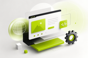 3D illustration of a digital interface with code and gear icon, representing web development.
